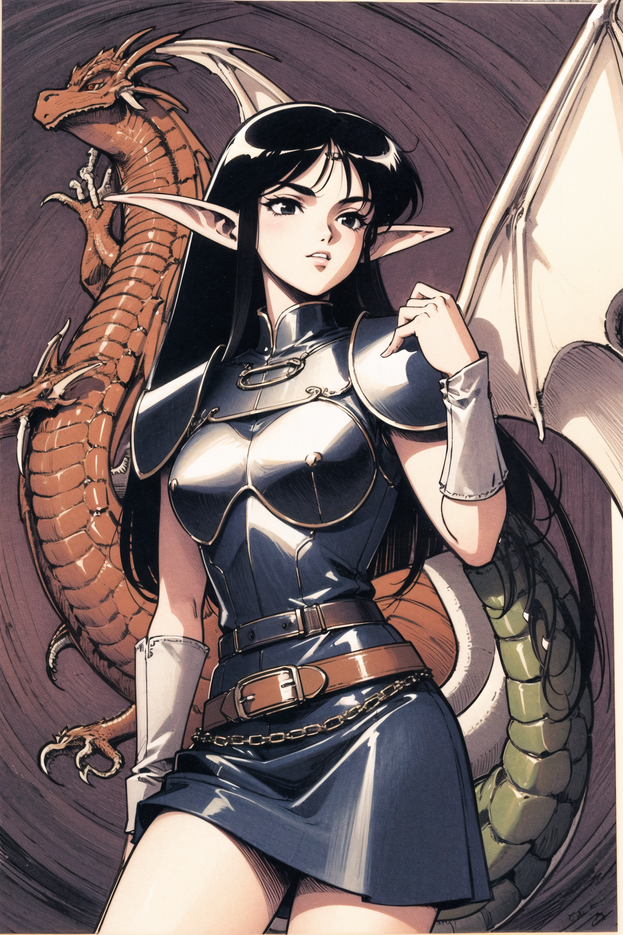16546-3084634659-1girl, solo, pointy ears, retro artstyle, long hair, (dragon_1.5), belt, armor, traditional media, black hair, dress, skirt, _lo.png